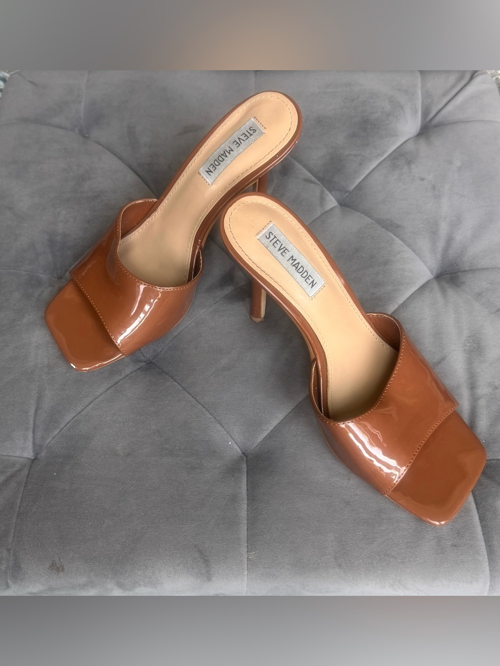 Steve Madden Tan Brown Patent Square-Toe Slide Heels